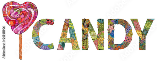Word CANDY with lollipop, decorative zentangle object
