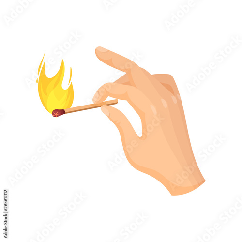 Lit match in hand. Vector illustration on white background.