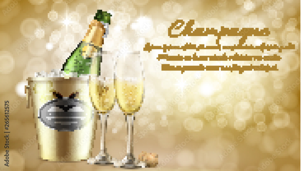 Anniversary celebration, romantic dinner in restaurant realistic vector invitation, greeting card. Elite champagne ad banner. Opened bottle in ice, two wineglasses filled sparkling wine illustration
