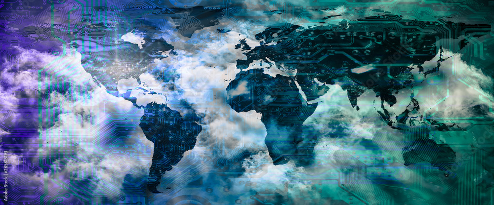 Cloud computing, digital global technology concept, abstract background. World map with circuit board pattern and clouds. Elements of this image furnished by NASA.