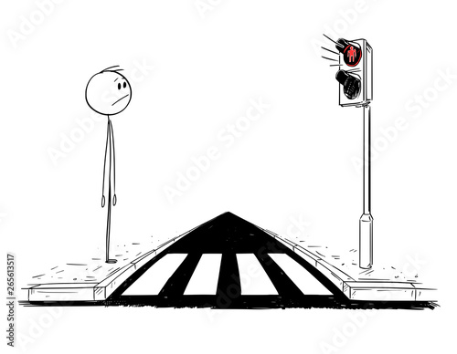 Cartoon stick figure drawing conceptual illustration of man waiting on crosswalk or pedestrian crossing for green light on stoplights.Red light is on.