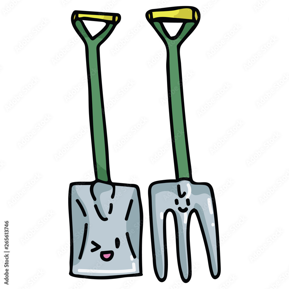 Cute gardening tools with kawaii face cartoon vector illustration motif  set. Hand drawn spade and fork blog icons. Botanical equipment graphics.  Pitchfork web buttons. Stock Vector | Adobe Stock