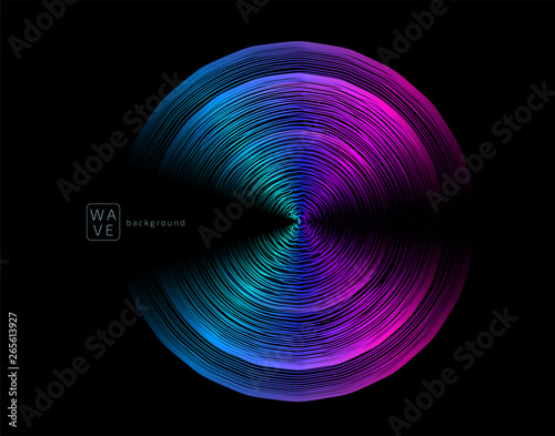 Abstract digital future wave lines vector background in circle shape. Tech music sound concept. Electronic light rounds illustration on black backdrop