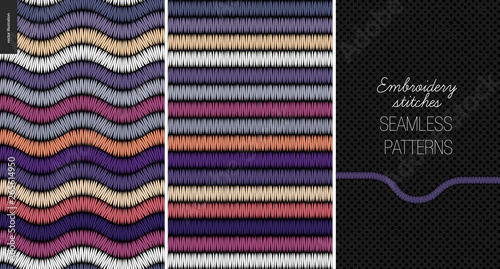 Embroidery satin stitch seamless patterns - two textile patterns of satin stitch