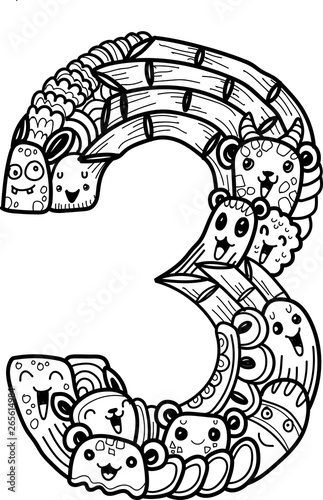 Vector illustration hand drawn of cute doodle monster in number three