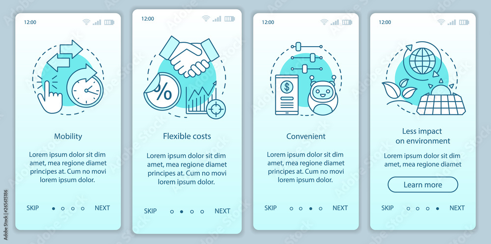 Benefits of technology onboarding mobile app page screen with linear concepts