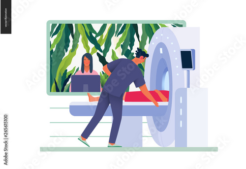Medical tests illustration - MRT - magnetic resonance tomography - modern flat vector concept digital illustration of MRI procedure - a patient in the scanner and doctor, medical office or laboratory