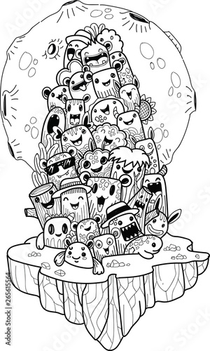 Vector illustration hand drawn of cute doodle monster under the moonlight.