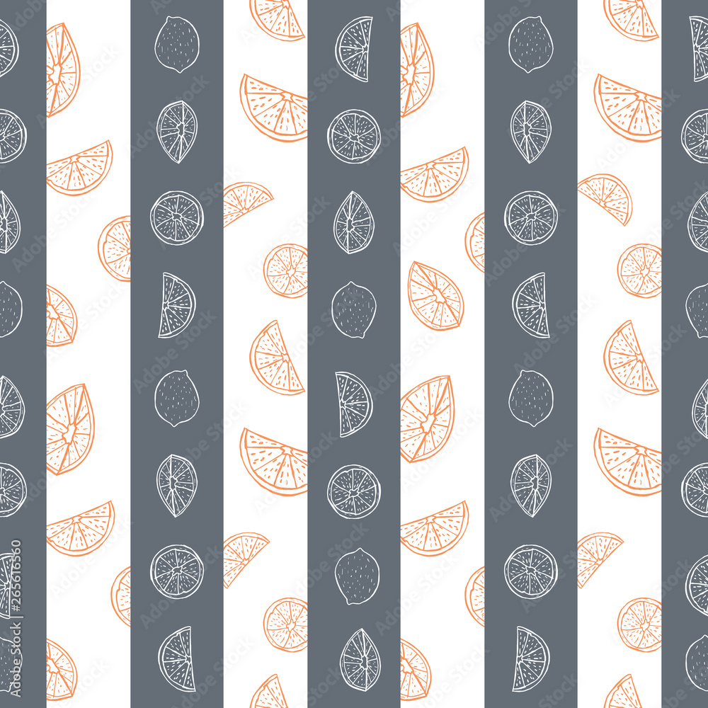 Fotografie Orange and grey hand drawn citrus fruit and stripes seamless vector pattern