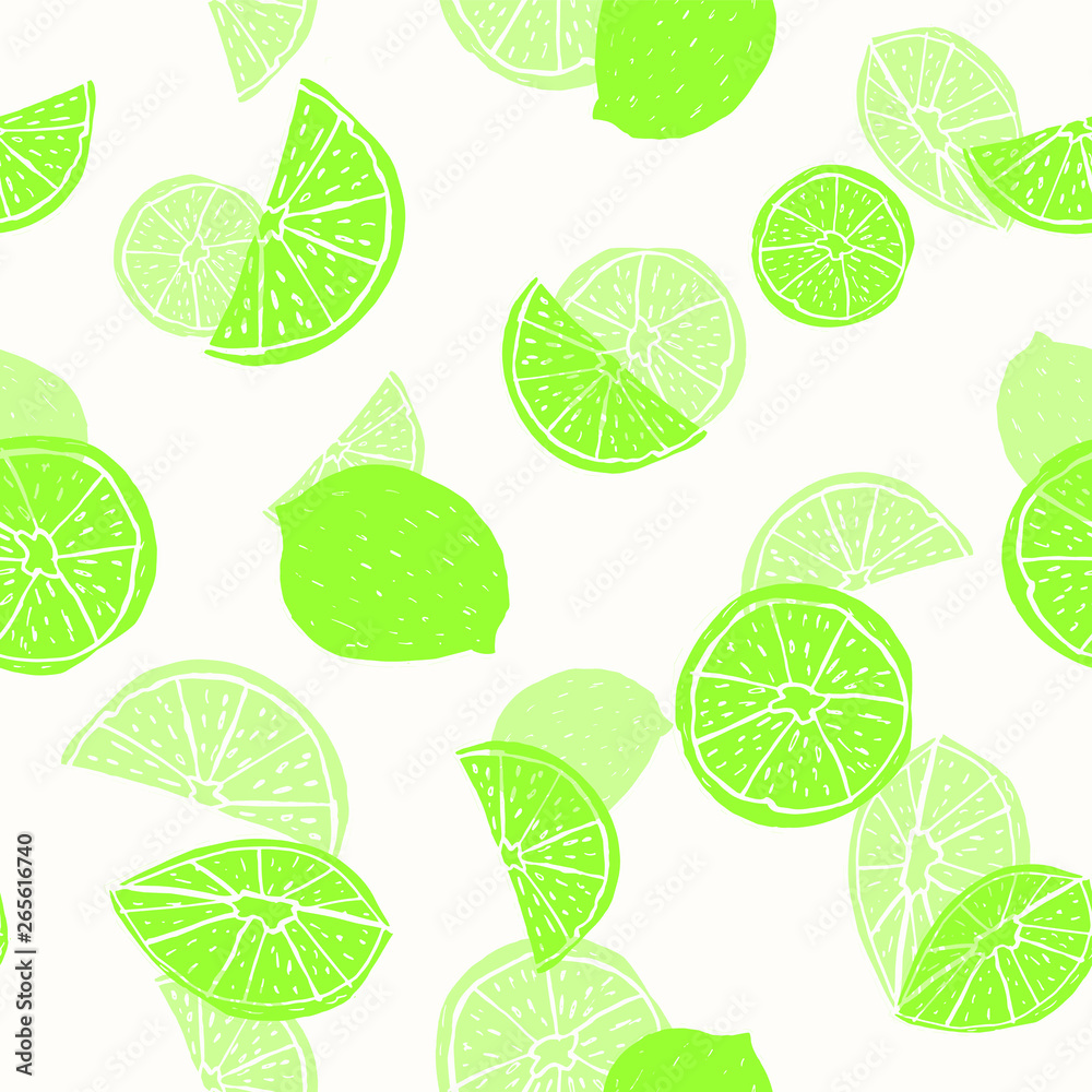 Neon green hand drawn citrus fruit silhouettes with transparent layering effect on white. Seamless vector pattern.