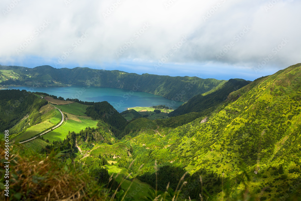 Landscape of San Miguel island - Azores, Portugal. Lakes in Sete Cidades volcanic craters.