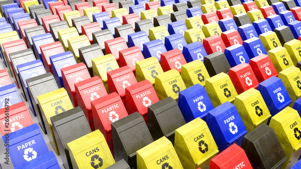 Fototapeta premium huge number of trash cans standing in even rows, 3d illustration