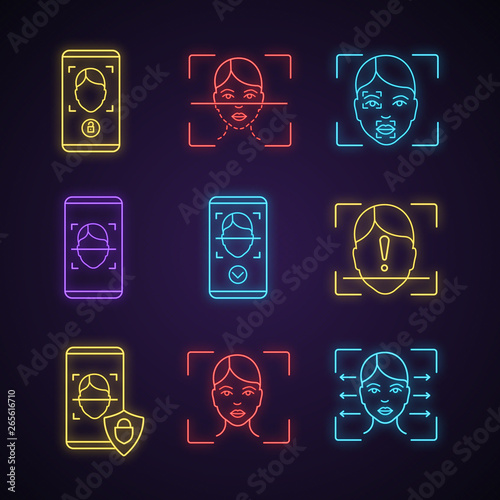 Facial recognition neon light icons set photo