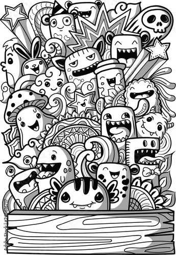 Vector illustration hand drawn of cute doodle monster party.