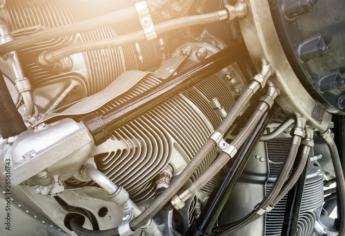 Close up of radial engine. Airplane concept