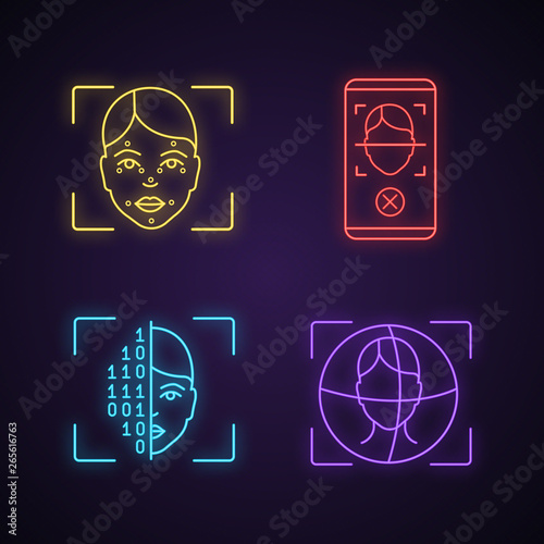 Facial recognition neon light icons set