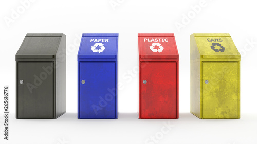 four multi-colored garbage containers standing in a row, 3d illustration