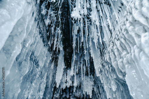Ice caves with frozen water on Lake Baikal, Russia