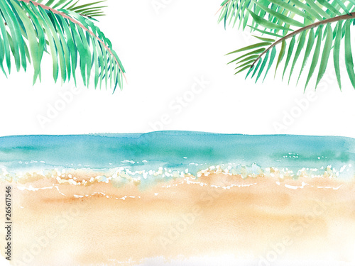 ヤシの木のあるビーチの休日 水彩イラスト