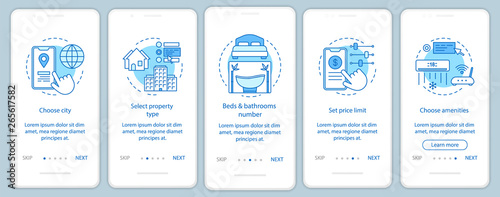 Property rental onboarding mobile app page screen with linear concepts