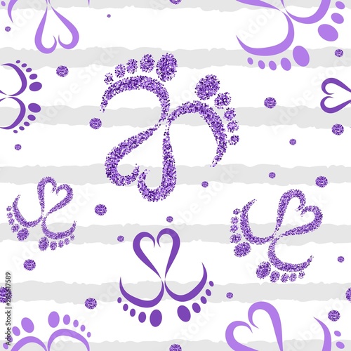 Seamless Vector Pattern of Baby Feet  and Heart with glitter effect