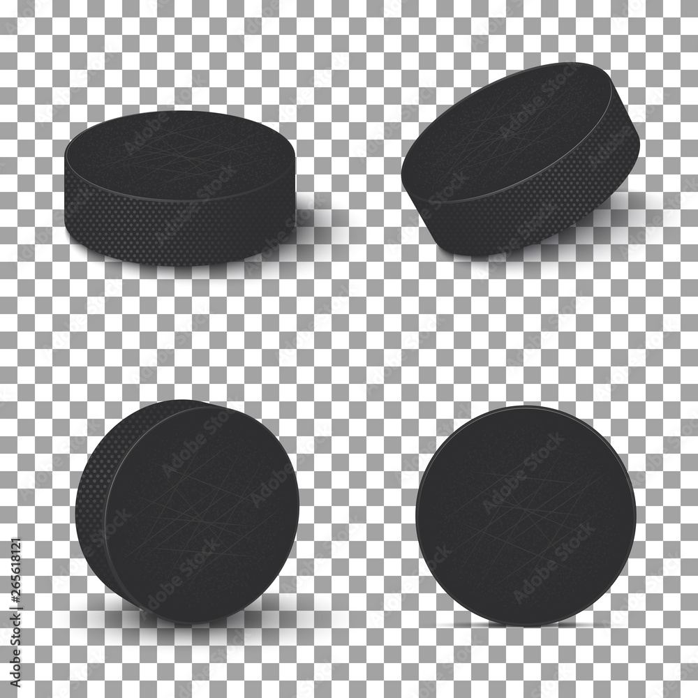 Fototapeta premium Hockey pucks isolated on transparent background. Set of ice hockey pucks.Vector illustration