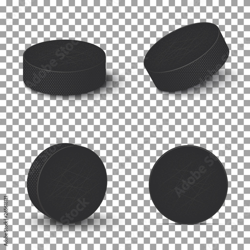 Hockey pucks isolated on transparent background. Set of ice hockey pucks.Vector illustration