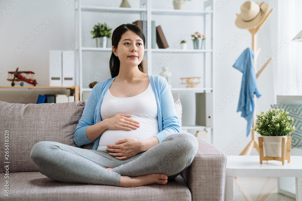 Pregnant happy smiling woman sitting on sofa