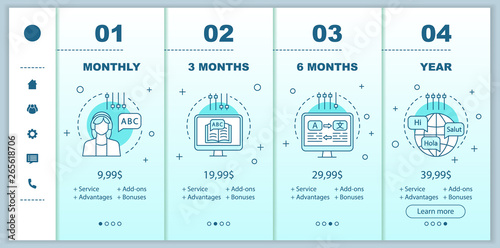 Language learning online school onboarding mobile app screens with service prices
