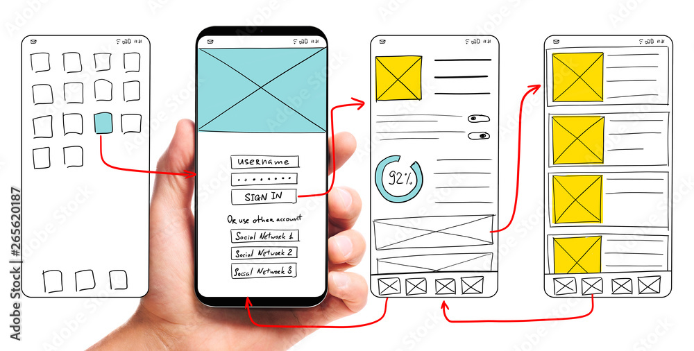 UI development. Male hand holding smartphone with wireframed user interface screen prototypes of a mobile application on white background. - obrazy, fototapety, plakaty 