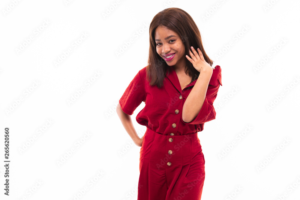portrait of dark-skinned charming young girl gesticulating her hands portrait of dark-skinned charming young girl gesticulating her hands
