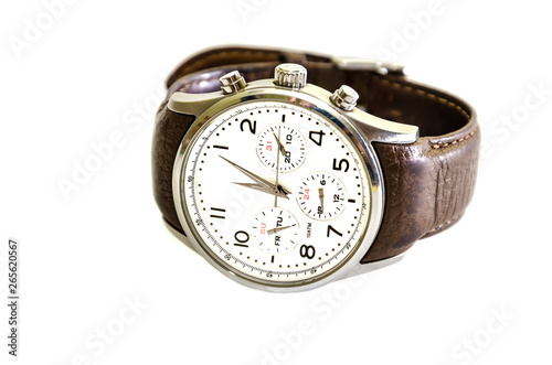 men's, wristwatches with brown strap, isolated on white background. Close-up.
