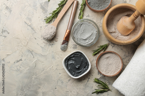 Cosmetic clay. clay facial mask on a light background. different types of clay. natural cosmetics for cosmetic procedures. Beauty concept. top view photo