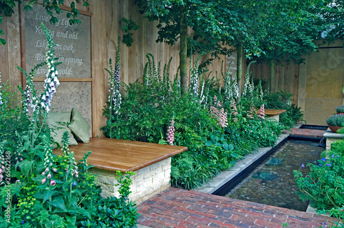 A small urban courtyard garden with a water feature and seating photo