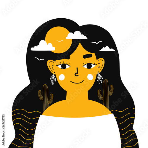 Young woman cartoon portrait and clouds, sun, cactuses and birds in her long hair.