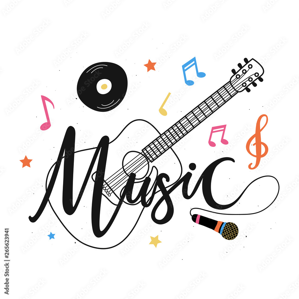 Vettoriale Stock Isolated on white vector illustration with acoustic  guitar, microphone, notes, plate and stars and calligraphy word - Music. |  Adobe Stock