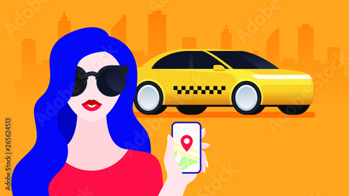 Taxi service. Yellow taxi cab. Woman with smartphone and taxi application
