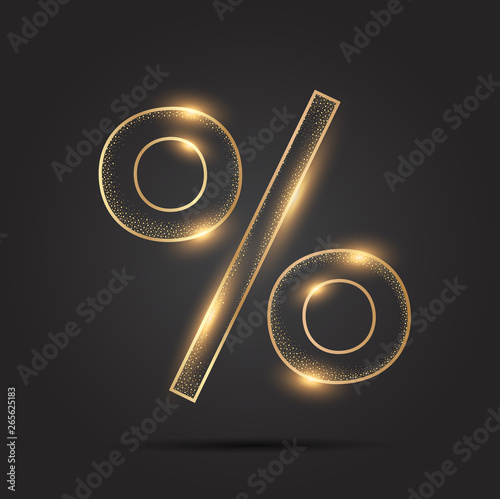 Percent sign in gold shining glow on dark background