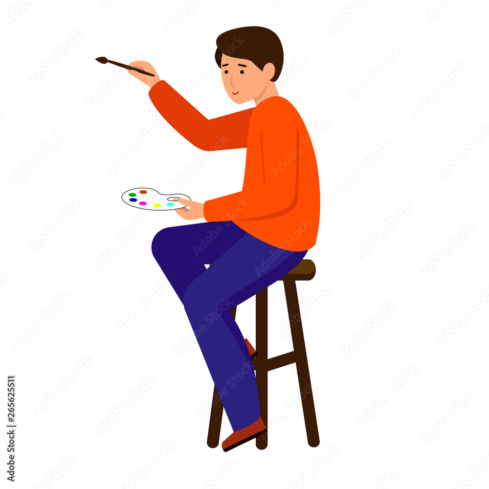 Fototapeta premium Man draws, writes. The artist holds a brush and paint. The character sits on a stool. 