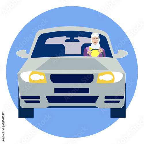 Muslim woman driving a car. In minimalist style. Cartoon flat Vector