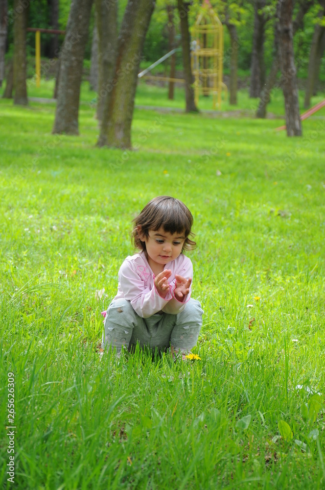 A little girl is playing in the grass in the park A little girl is playing in the grass in the park