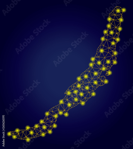 Yellow mesh vector Baikal Lake map with glare effect on a dark blue gradiented background. Abstract lines, light spots and spheric points form Baikal Lake map constellation.