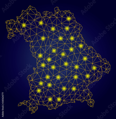 Yellow mesh vector Bavaria Land map with flare effect on a dark blue gradiented background. Abstract lines, light spots and circle dots form Bavaria Land map constellation.