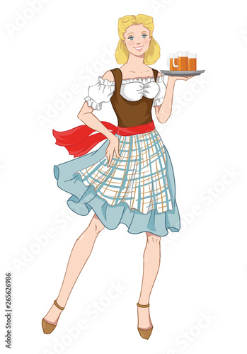 Vector illustration of Oktoberfest waitress in traditional bavarian dress, serving beer isolation on white background. 