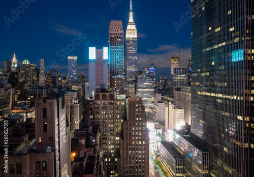 A view towards the skyscrapers of midtown Manhattan during blue hour