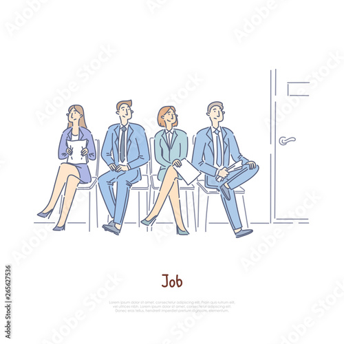 Unemployed men and women sitting in waiting room, vacancy competition, employment agency, recruitment service banner