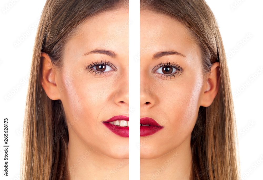 Two middles of a beautiful woman with red lips Two middles of a beautiful woman with red lips