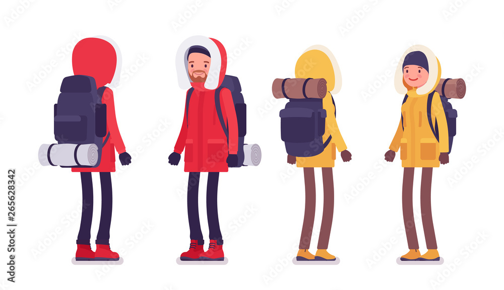 Woman wearing winter hiking outfit on white background Stock Photo