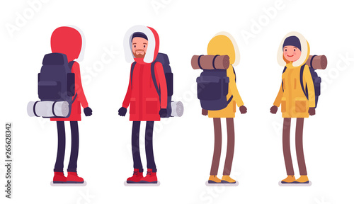 Winter hiking man, woman. Male, female tourist with backpacking gear, wearing bright jacket with attached hood, professional footwear. Vector flat style cartoon illustration isolated, white background