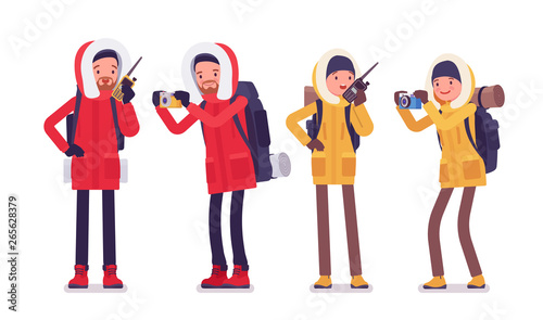 Winter hiking man, woman with radio, camera. Male, female tourist with backpacking gear, wearing bright jacket, professional footwear. Vector flat style cartoon illustration isolated, white background